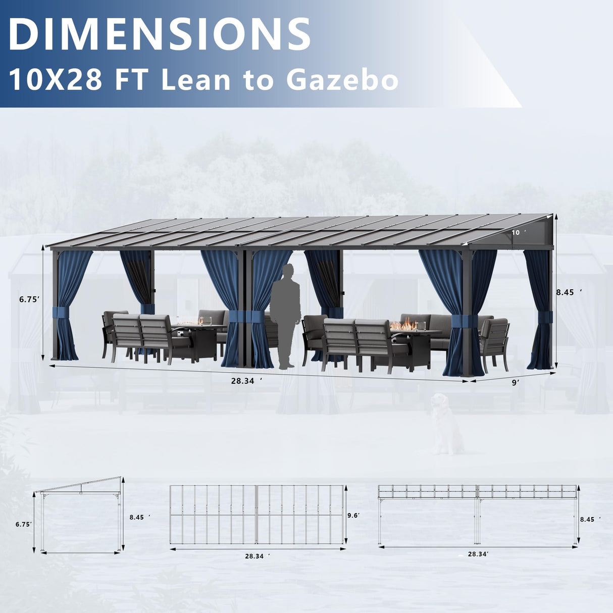 ASJMR Outdoor Lean to Gazebo 10x28FT, Hardtop Wall Mounted Gazebo with Sloping Sun Panel Roof, Awnings for Patio with Metal Frame, Double Curtains for Garden, Lawn, Backyard Deck ASJMR