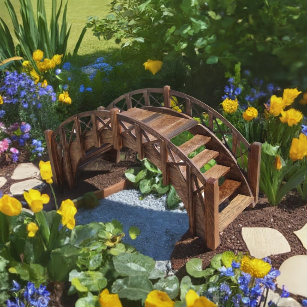 SamsGazebos Fairy Tale Garden Bridge with Decorative Lattice Railings and Steps, 33" L, Unfinished - WoodArtSupply