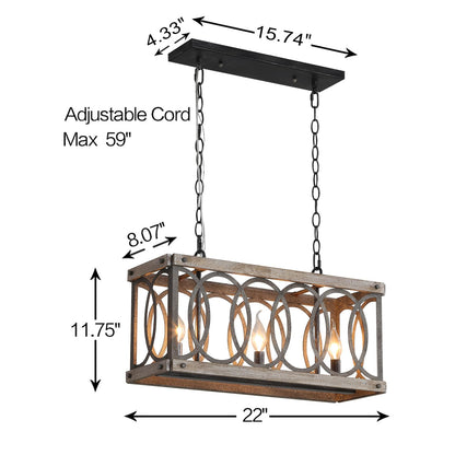 PHILOMENA Antique Wood Farmhouse Chandelier, 3-Light Rustic Bronze Cage Rectangular Dining Room Light Fixtures Over Table, Rectangle Linear Foyer Pendant Lamp Ceiling Hanging