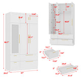 TAMUNE Wardrobe Closet with Mirror, 3 Door Wardrobe with Hanging Rod, 4 Drawers, Shelves, Modern Bedroom Armoire with Gold Handles, White Clothes Cabinet, 20.5”D x 47”W x 86.7”H TAMUNE