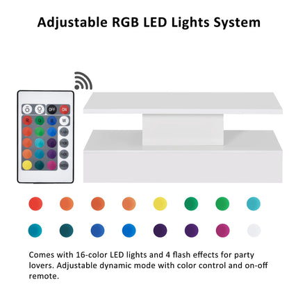 Merax 47.2'' 2-Tier LED Light White Coffee Table, Modern Industrial Design Cocktail Table with 16-color LED lighting and a remote control for Livingroom - WoodArtSupply