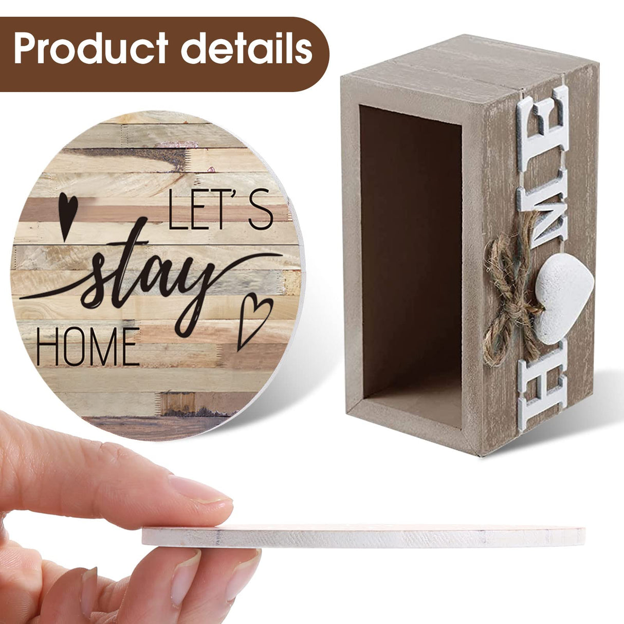 Queekay Housewarming Gifts for Home Decoration Wooden Heart Coasters for Drinks 6 Set Farmhouse Coasters with Holder Funny for Family Coffee Table Protection, 4''(Classic Farmhouse) Queekay