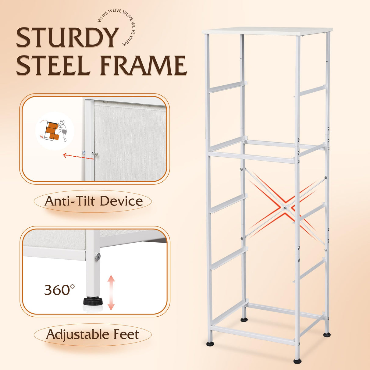 WLIVE Fabric Dresser, 5-Drawer Tall Dresser for Bedroom, Storage Dresser Organizer with Fabric Bins, Wood Top, Sturdy Steel Frame, Chest of Drawers for Closet, Hallway, White WLIVE