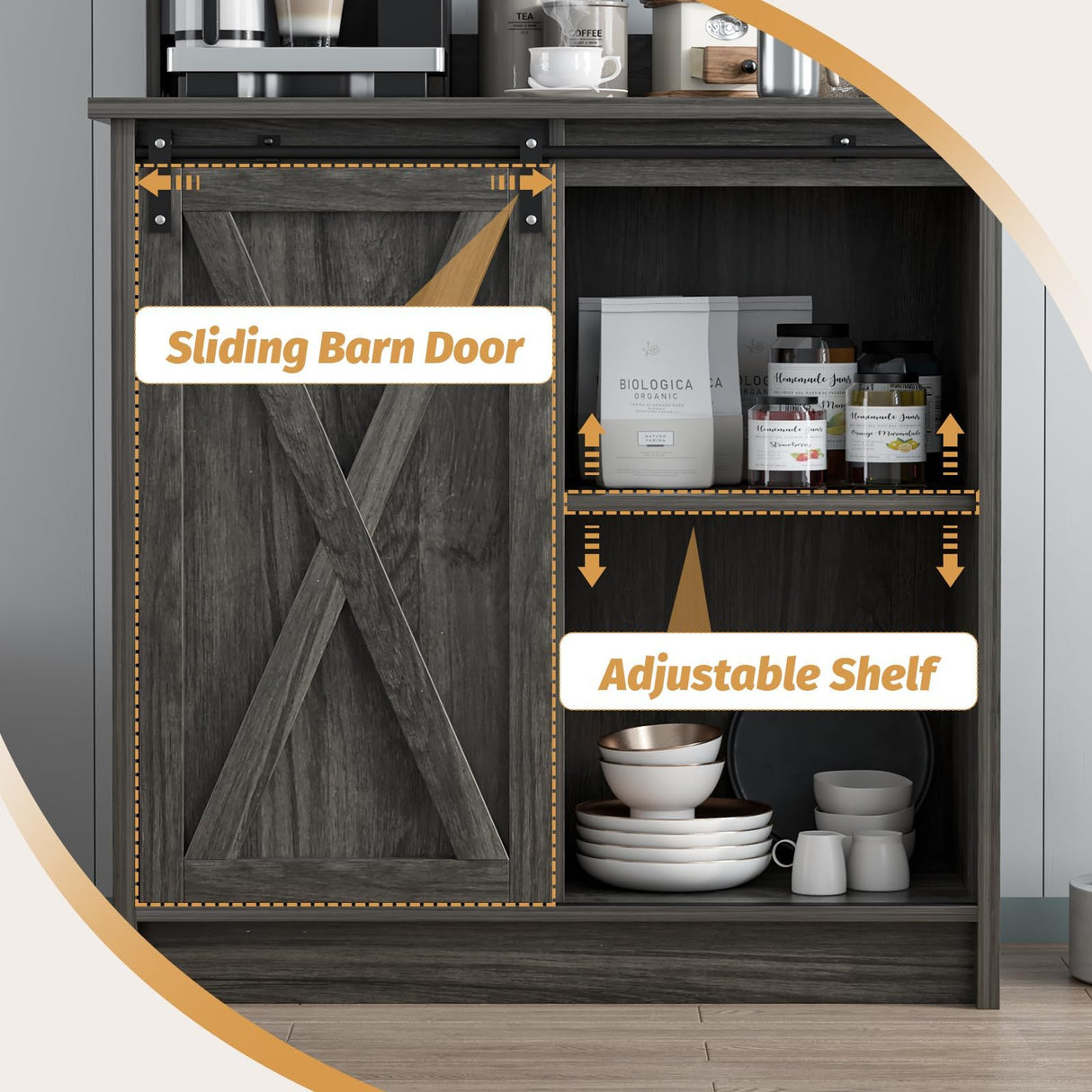4ever2buy Farmhouse Coffee Bar Cabinet with Storage, Gray Coffee Bar with 6 Hooks, Coffee Bar Table with Sliding Barn Door, Wine Bar Cabinet with Adjustable Shelf for Living Dining Room 4ever2buy
