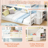 KOMFOTT Wood Full Over Full Low Bunk Bed with Storage Staircase, Wooden Bunk Bed Frame with Full-Length Guardrails, Low Profile Kids Bed with Slats Support, No Box Spring Needed KOMFOTT