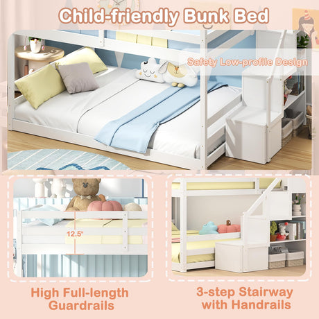 KOMFOTT Wood Full Over Full Low Bunk Bed with Storage Staircase, Wooden Bunk Bed Frame with Full-Length Guardrails, Low Profile Kids Bed with Slats Support, No Box Spring Needed KOMFOTT