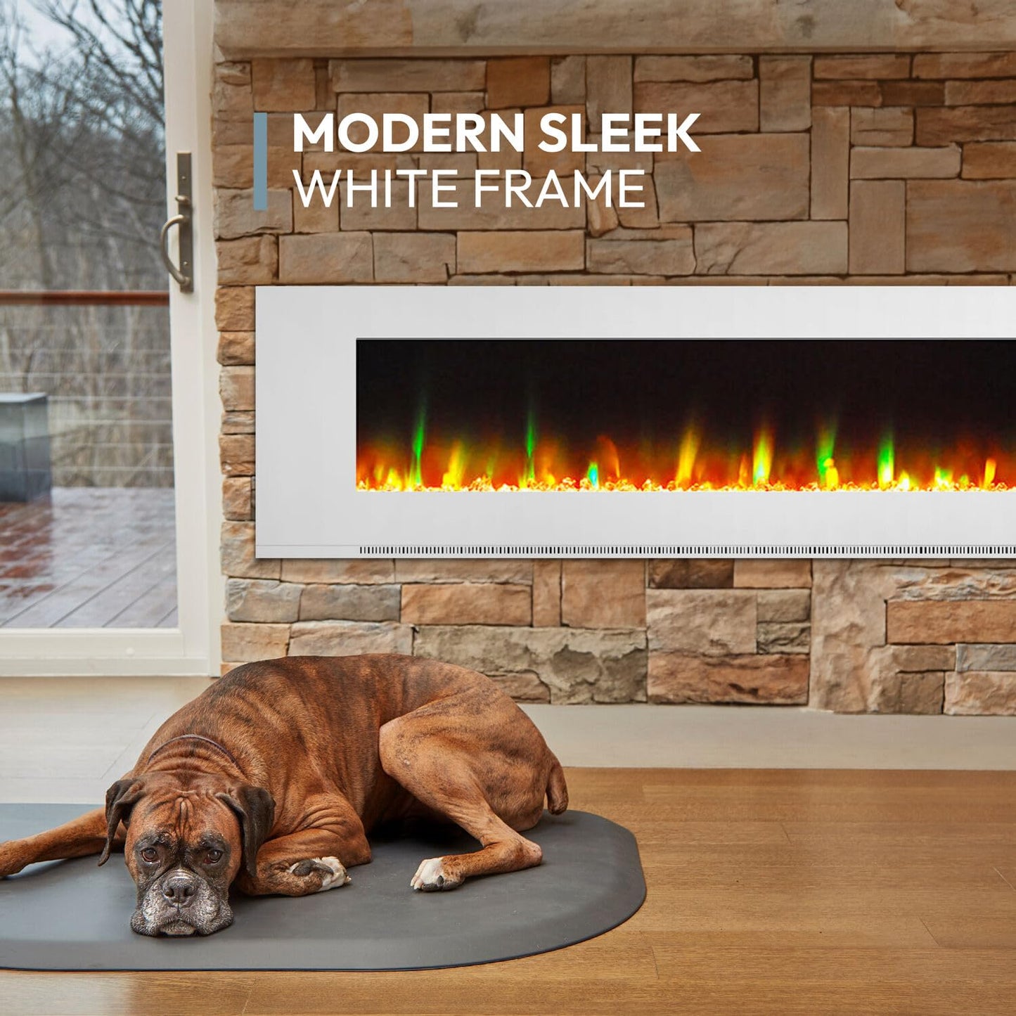 Cambridge 72 Inch Wall Mount Electric Fireplace Heater with Remote Control, Multicolor Flames, and Crystal Rock Display for Indoor Use in Living Room, Bedroom, Home Office, White