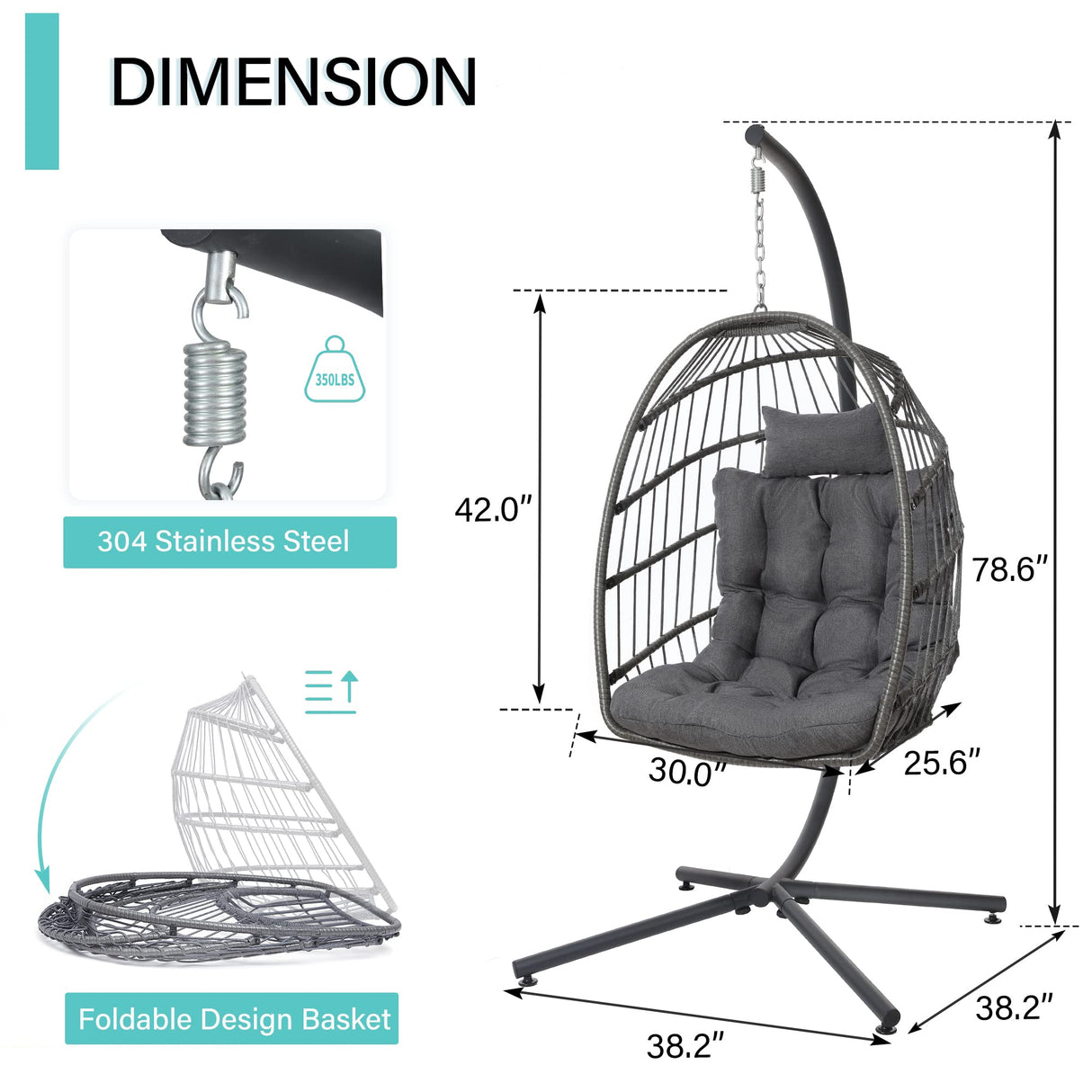 SWITTE Outdoor Hanging Egg Chair with Stand and Cushion, 370LBS Capacity Patio Swing Chair for Garden, Bedroom, Balcony - Dark Gray SWITTE