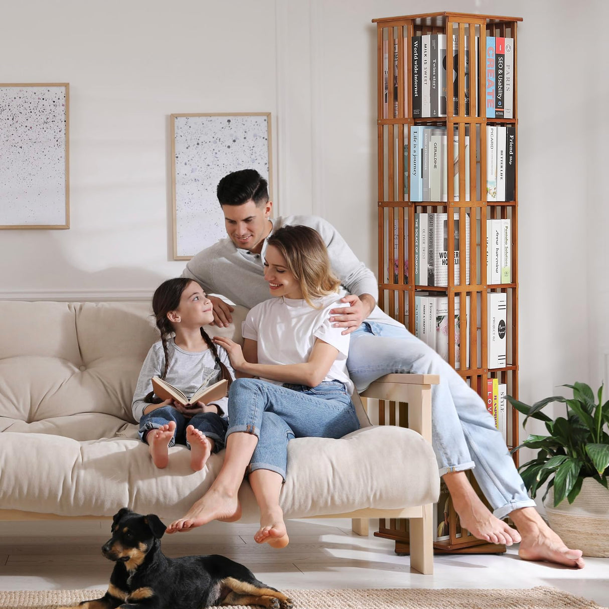 Athena Collection Rotating Bamboo Bookshelf, 6-Tier Floorstanding Corner Bookcase, 360-Degree Modern Open Book Storage Rack for Living Room Bedroom Office Furniture, Brown Athena Collection