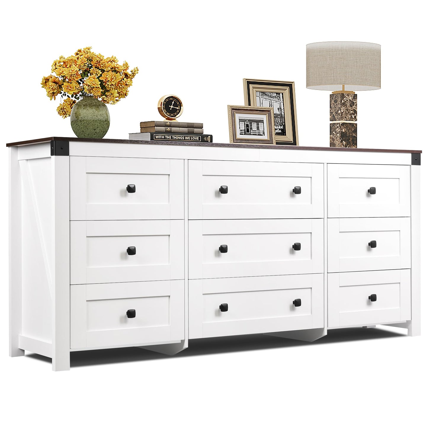 WLIVE Farmhouse 9 Drawer Dresser, 63" Wide Dresser Storage Organizer, Wood Dresser for Bedroom,TV Stand for 70 inch TV, Chest of Drawers for Living Room, Hallway, Ball Bearing Slide (White)