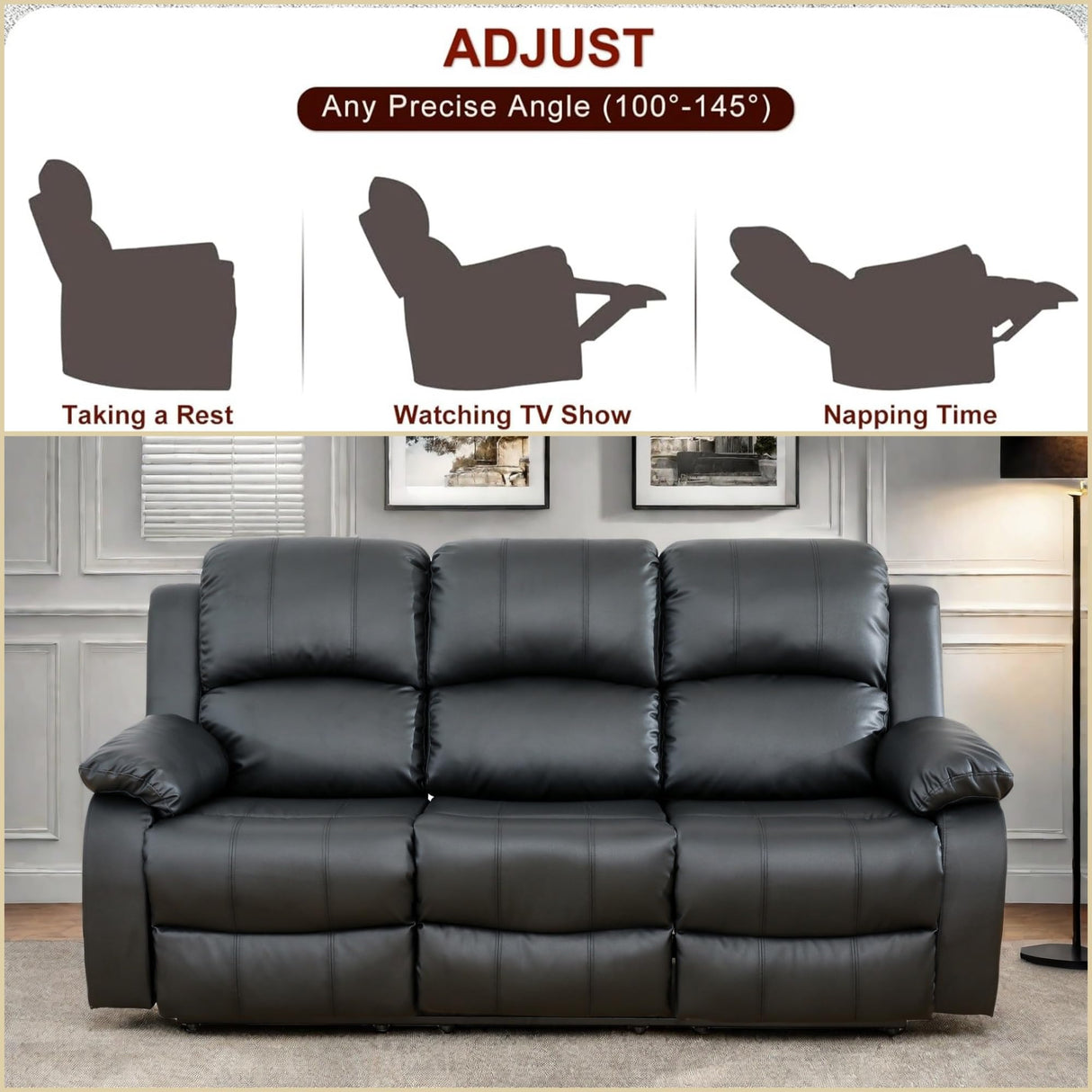 FONTOI Leather Recliner Sofa Couch, 3-Seater Home Theater Seating Reclining Sofa, Power Reclining Couch with Cup Holders & Drop Down Table for Living Room Furniture Sets, Black FONTOI