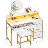 Seventable Vanity Desk with 4 Fabric Drawers, Vanity Table and Chair Set with Power Outlet & LED Strip, Makeup Table with 3 Adjustable Lighting Modes, White Gold Seventable
