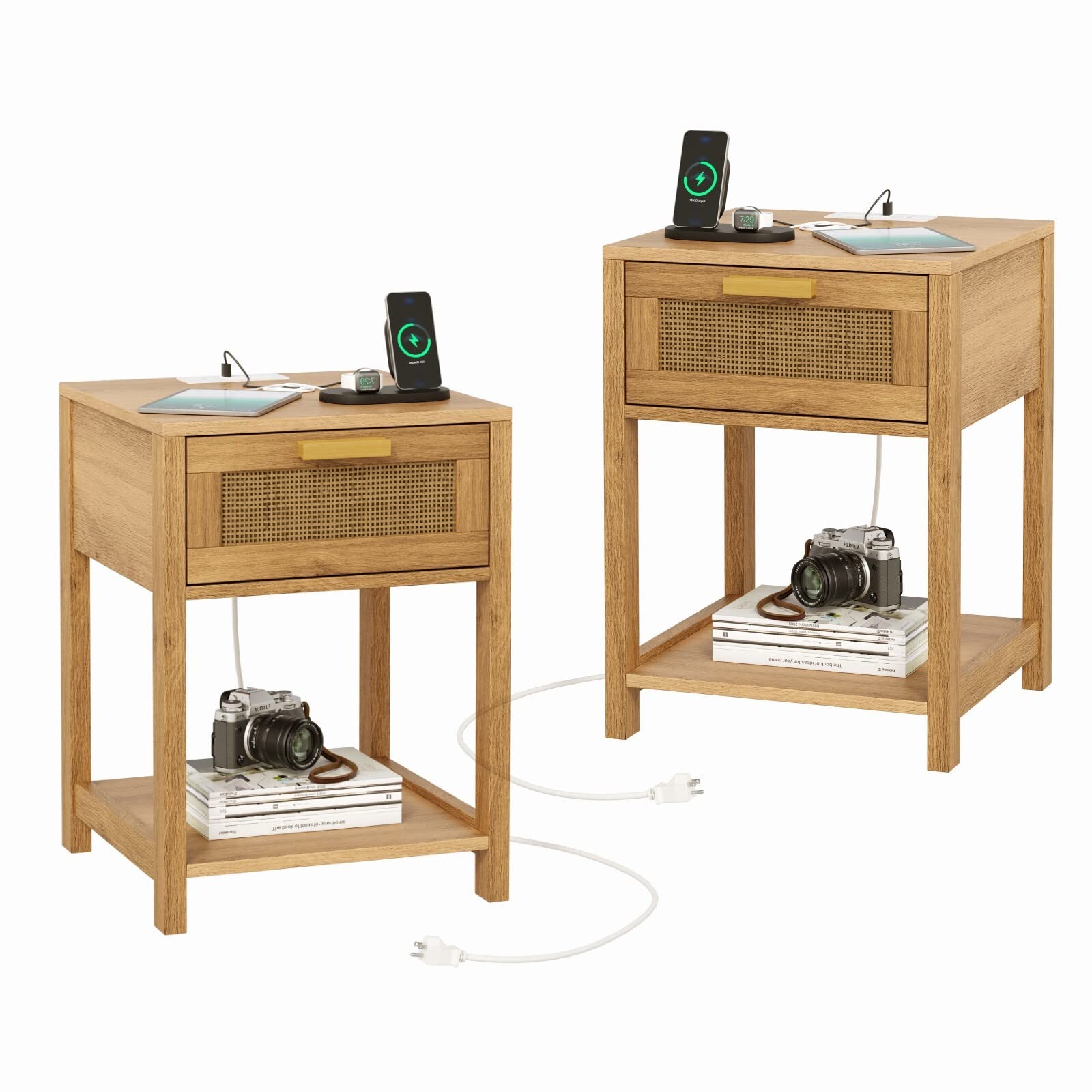 Rovaurx Rattan Set of 2 Nightstand with Charging Station, Wooden End Table with Storage Drawer and Opening Shelf, Bedside Table, Natural RCTG109ME02 - WoodArtSupply