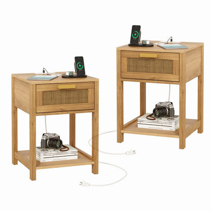 Rovaurx Rattan Set of 2 Nightstand with Charging Station, Wooden End Table with Storage Drawer and Opening Shelf, Bedside Table, Natural RCTG109ME02 - WoodArtSupply