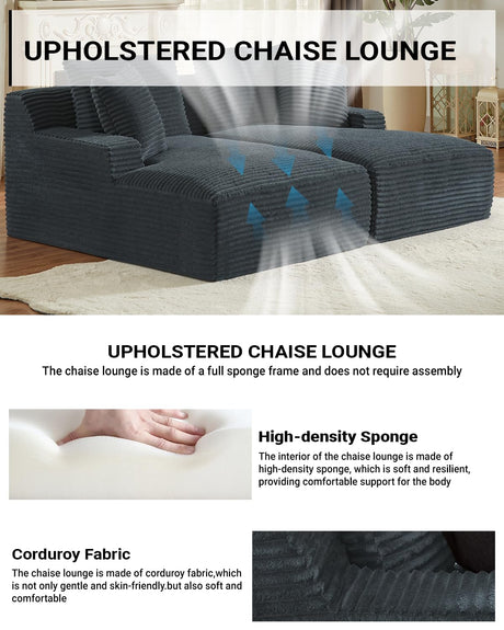 80 Inch Double Chaise Lounge Chair Indoor, Oversized Sectional Corduroy Upholstered Boneless Sofa Bed, Deep Seat Sleeper Loveseat Reading Chairs, Cloud Sofas Couches, No Assembly Required (Dark Grey) HANXIN