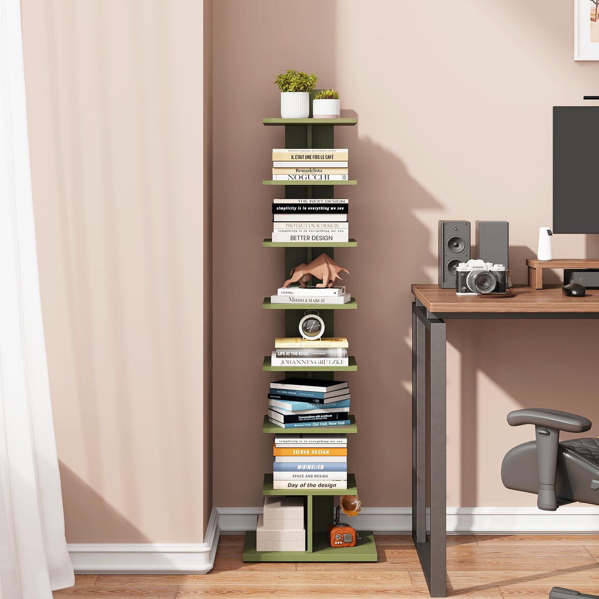 TUTOTAK Bookshelf, 8-Tier Bookcase, Narrow Spine Book Shelf for Small Space, Corner Standing Shelf for Living Room, Office, Study, Entryway, Olive Green BS06BOG008 TUTOTAK
