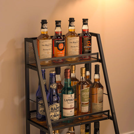 3-Tier Trapezoid Liquor Stand for Home Bar, Stepped Wine Racks Freestanding Floor for Liquor Whiskey Wine,Versatile Corner Wine Bottle Display Stand with Fences, Vintage Brown（Patent Pending） Hayexiha