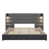 Christopher Knight Home Svens 46" High Headboard Bed, King Size Platform Bed Frame, Soft Velvet Upholstered California King Bed Frame, Square Pattern Design with Reading Lamps and USB Ports, Grey Christopher Knight Home