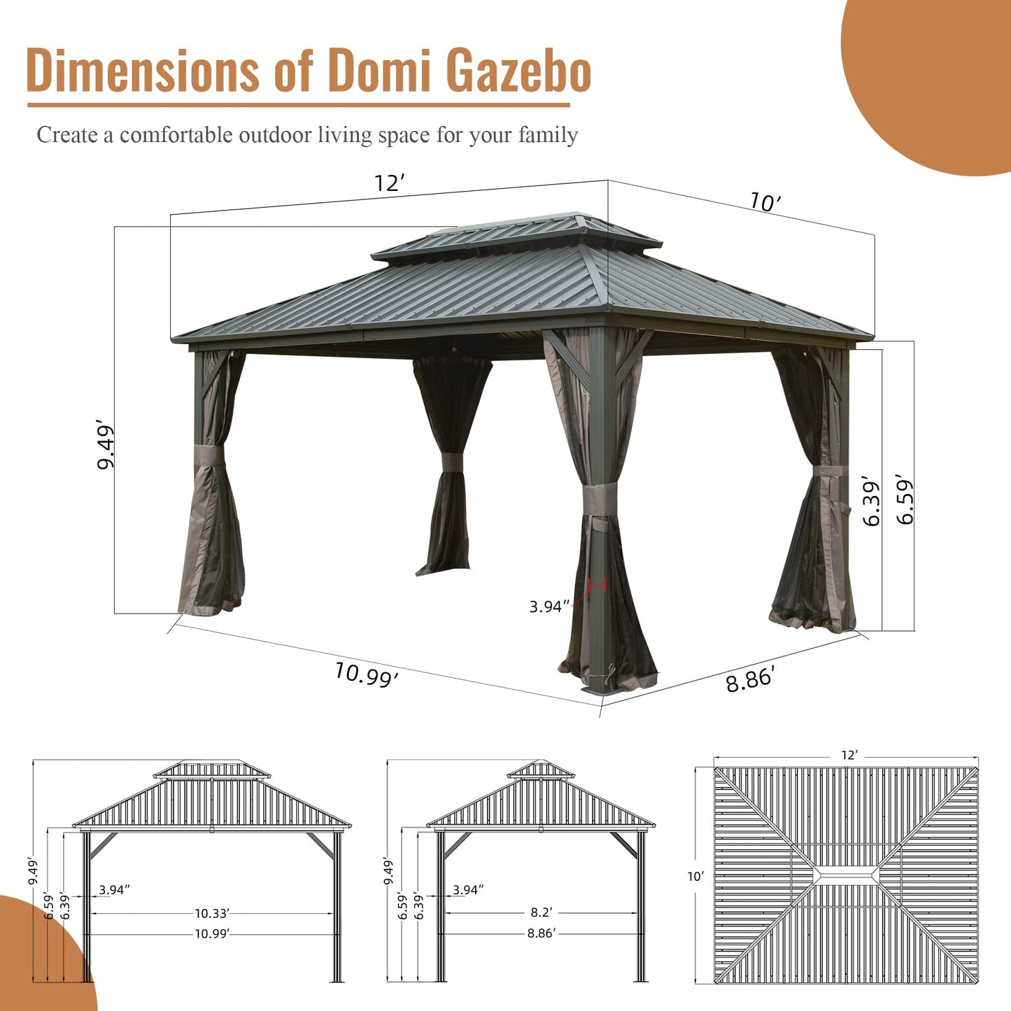 Domi 10' X 12' Hardtop Gazebo, Aluminum Metal Gazebo with Galvanized Steel Double Roof Canopy, Curtain and Netting, Permanent Gazebo Pavilion for Patio, Backyard, Deck, Lawn…