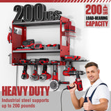 YYR Power Tool Organizer Wall Mount with Charging Station, Cordless Tools Hanger and Battery Storage Rack for Garage Organization, Heavy Duty Drill Holder Shelf Build in Metal Power Strip - Red YYR