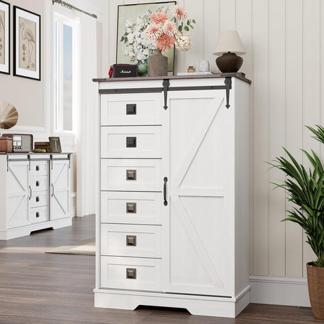 Dresser for Bedroom - 6 Drawer Dresser with Sliding Barn Door - Farmhouse Tall Dresser 6 Chest of Drawers - Storage Organizer Dresser for Bedroom, Living Room, Entryway - 30”x15.7”x47.2”H, White Melidee