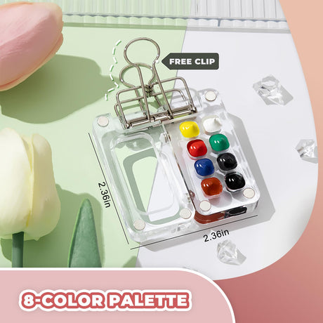 MUZMDNI Mini Watercolor Paint Set Portable, Travel Grid Paint Palette Box with Binder Clips Include 12 Colors Paint, Brush*3 and Picture Album Art Materials Coloring Markers (Brown Wood, S-8 Grids) MUZMDNI