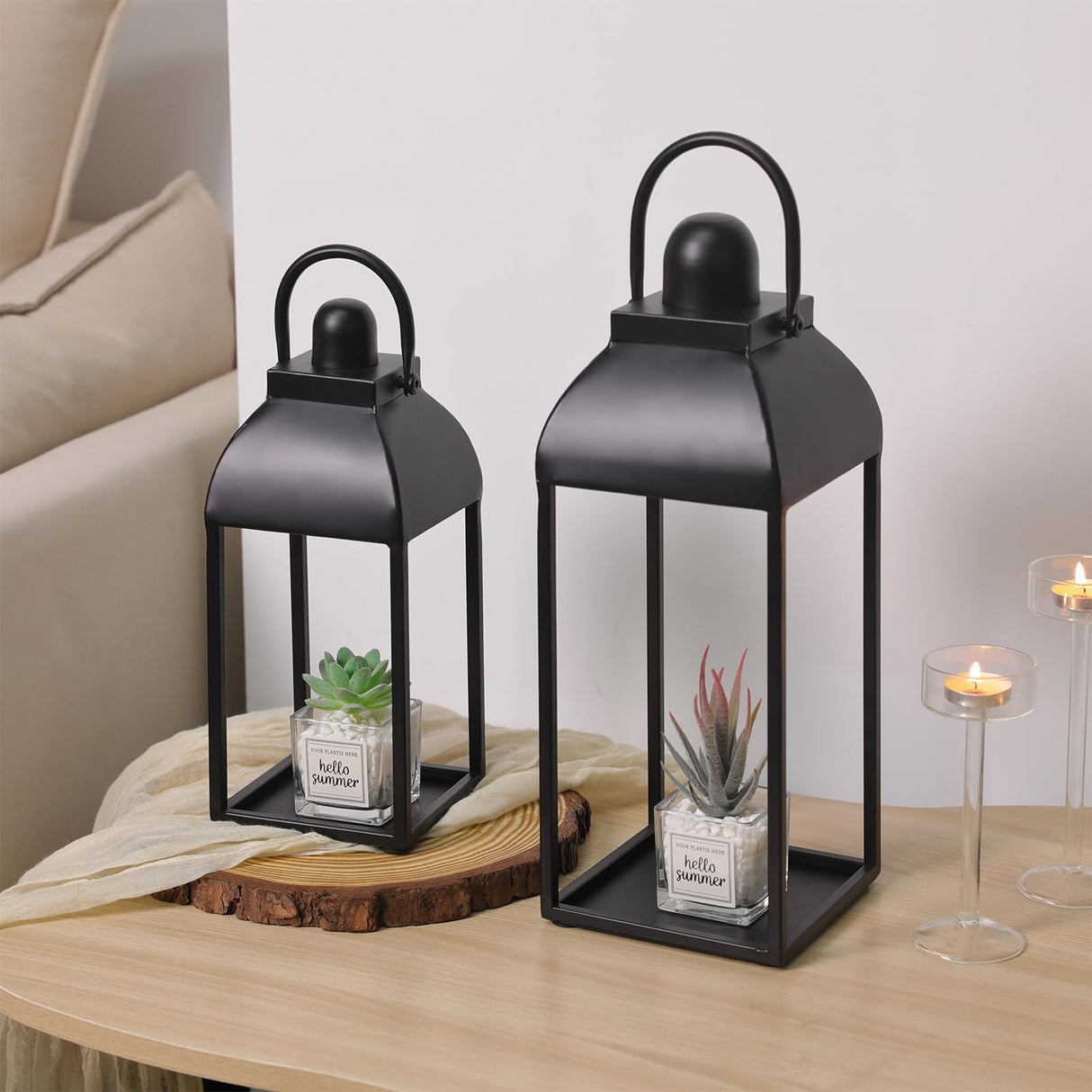 MATAHUM Lanterns Decorative Outdoor Indoor, Black Metal Outdoor Lanterns, 17'' 13'' Set of 2 Modern Farmhouse Candle Lantern Halloween Lanterns Centerpieces for Home, Wedding, Patio, Porch, Mantel MATAHUM