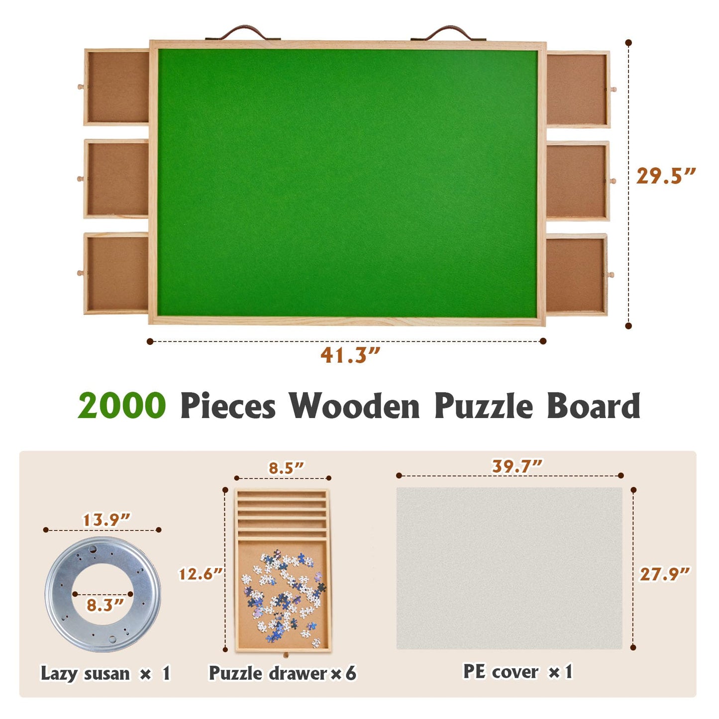 2000PCS Wooden Rotating Puzzle Board with 6 Drawers, Light and Portable Jigsaw Puzzle Board with Cover, Adjustable Puzzle Table with 4 Tilting Angles and Rotating Base for Adults Gifts, 41.3" X 29.5"