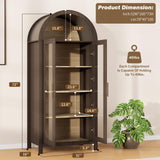 Skyrain 73'' Tall Arched Cabinet, Wood Kitchen Pantry Cabinets with Glass Doors, 5-Tier Storage Hutch with Adjustable Shelves & Metal Handles, Modern Bookcase for Dinning Room, Living Room, Brown Skyrain