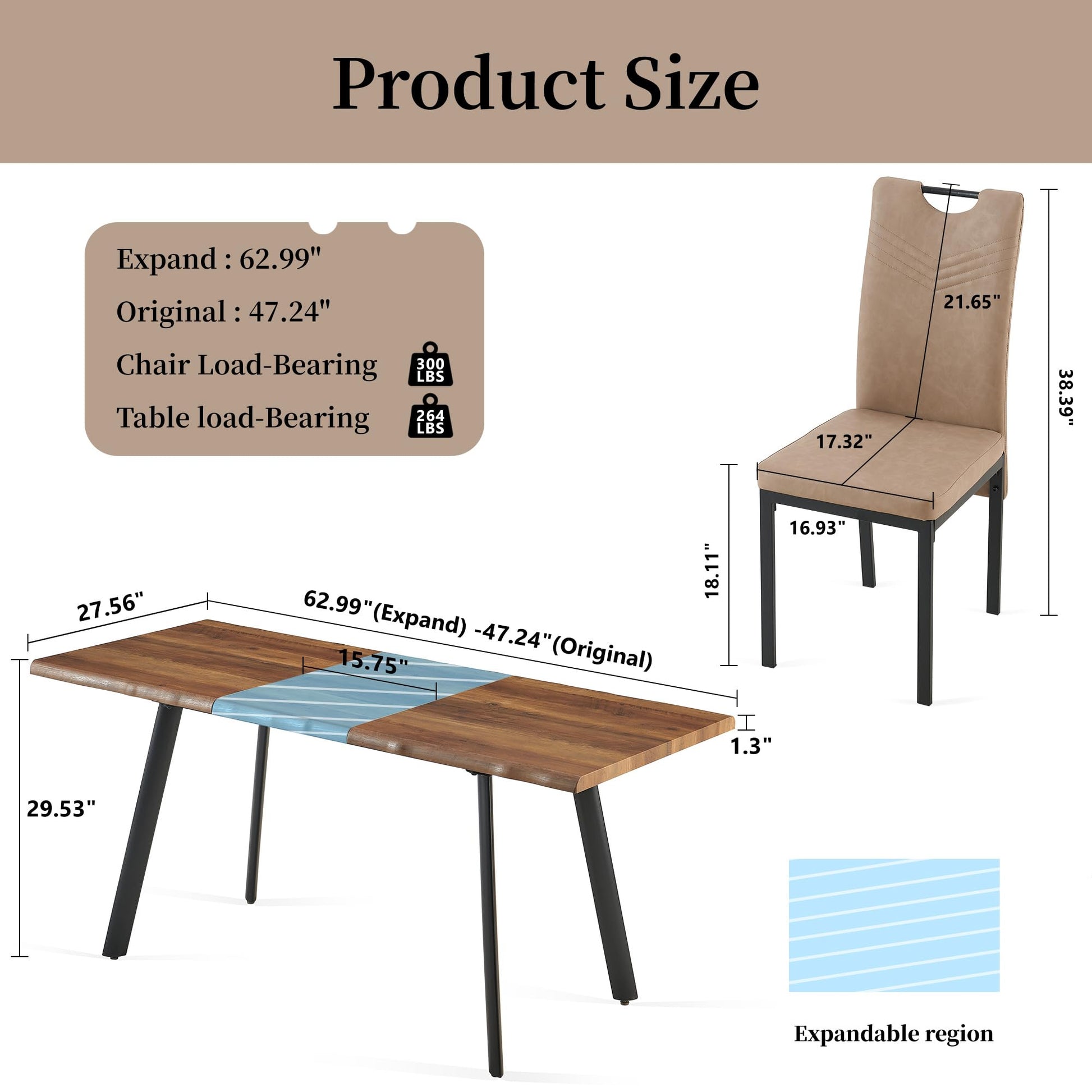 NORDICANA Live Edge Dining Table Set for 4, Extendable Kitchen Table Set with 4 Faux Leather Dining Chairs, High Back Beige PU Side Chair, MDF Table-top with Removable Leaf - WoodArtSupply