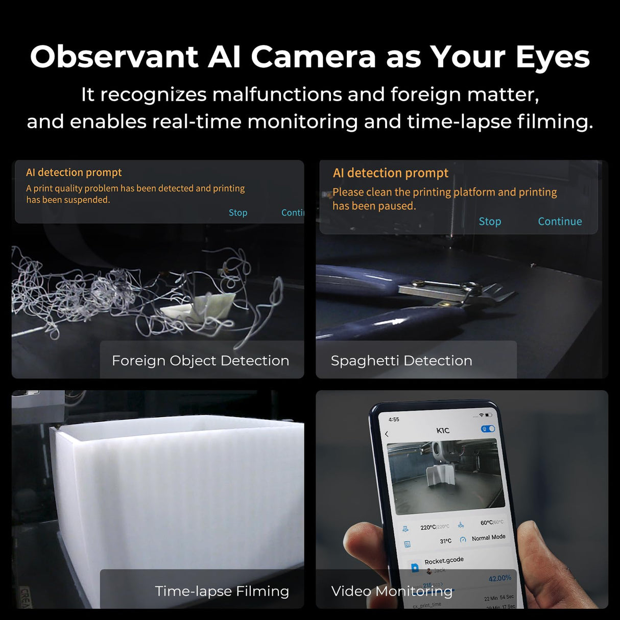 Creality K1C 3D Printer, 600mm/s Fast Speed Auto Leveling 3D Printers with AI Camera for 300°C Printing, Switchable Silent Mode Reliable Carbon Fiber 3D Printing 220 * 220 * 250mm Creality