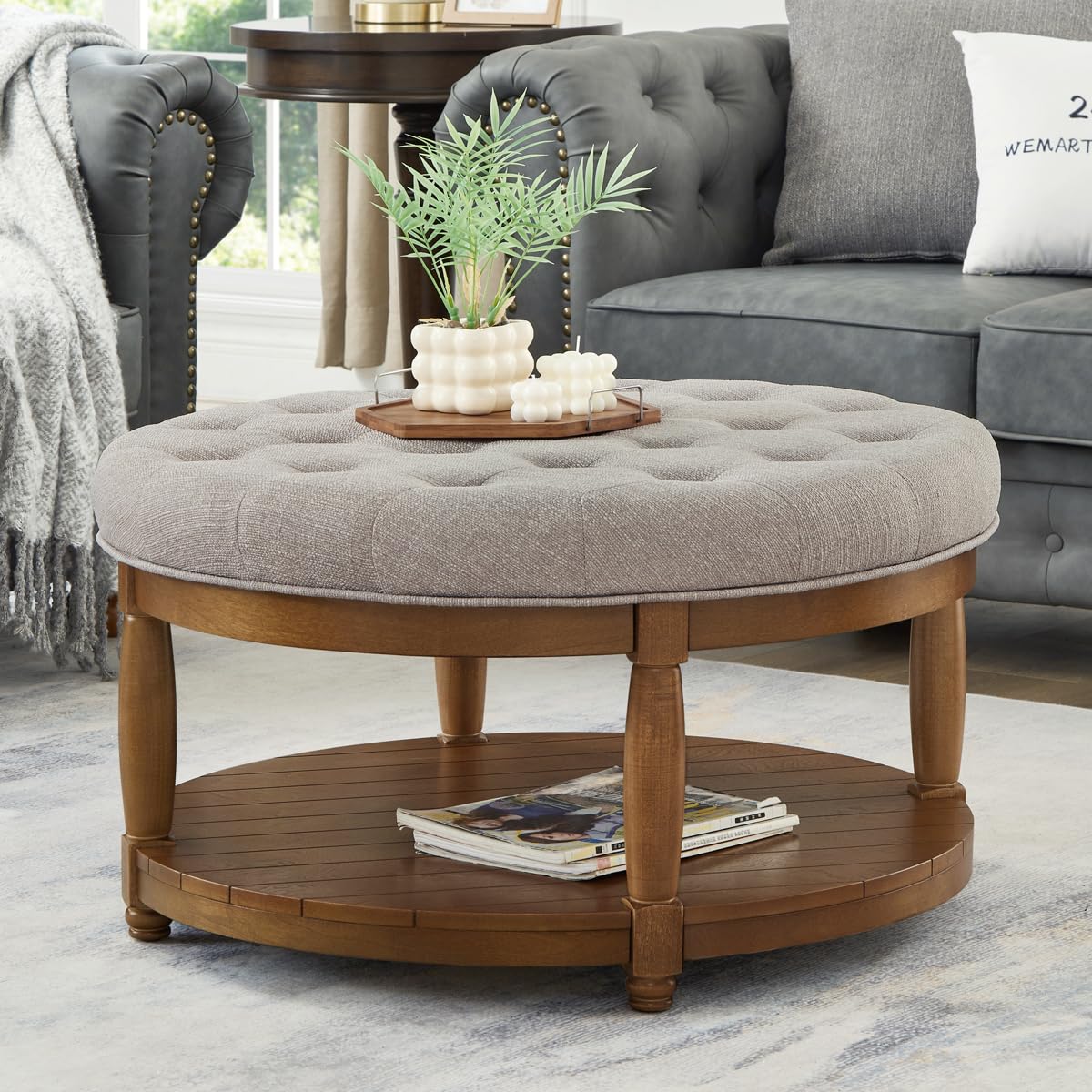 24KF Upholstered Round Coffee Table with Wooden Shelf, Tufted Button Large Round Ottoman with Spindle Wooden Legs, Linen Large Footrest Ottoman Pouf for Living Room, Linen 24KF