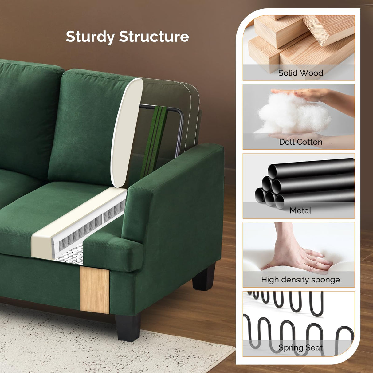 VINGLI Green 83" Sofa Couches for Living Room, Modern Comfy 3 Seater Couch 25.6" Deep Seat Upholstery Cozy Sofas for Small Space, Bedroom, Apartment, Home Office VINGLI