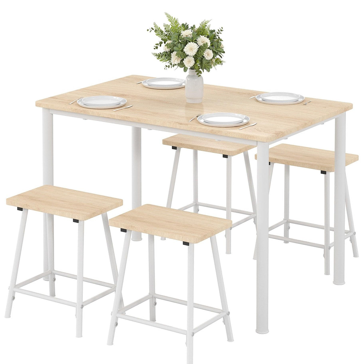VECELO Kitchen Table and Chairs for 4, Dining Room Set with Chairs/Stools, Heavy-Duty Metal Frame with Wooden Tabletop for Small Spaces, Easy Assembly, Natural Oak VECELO