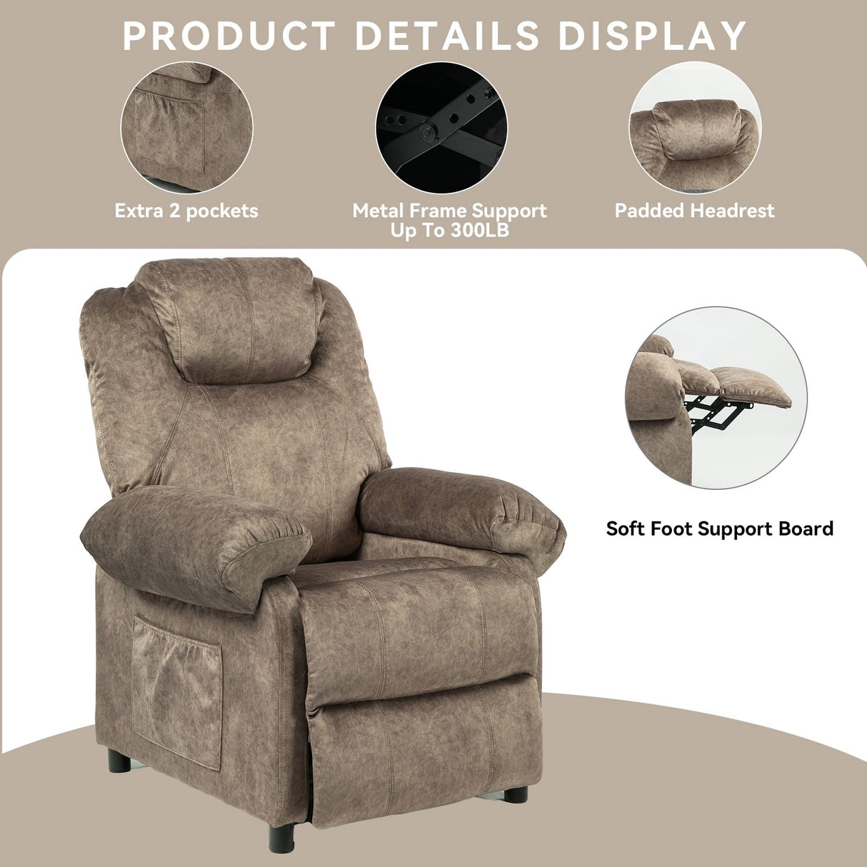 KCREAM Massage Recliner Chair with Heat,Overstuffed Fabric Recliner Chairs with Heating,Small Recliner for Living Room Bedroom, Manual Reclining Single Sofa Recliners Lounge Chair for Adult,Brown KCREAM