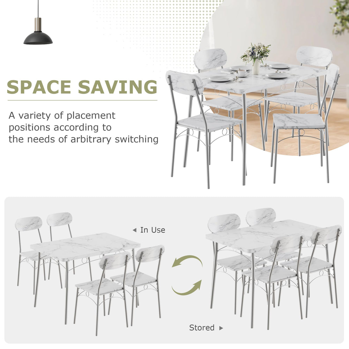 VECELO Dining Table Set for 4, 5-Piece Kitchen Table with 4 Chairs, MDF Board Tabletop with Metal Frame for Small Space, Compact Dinette, Breakfast Nook, White VECELO