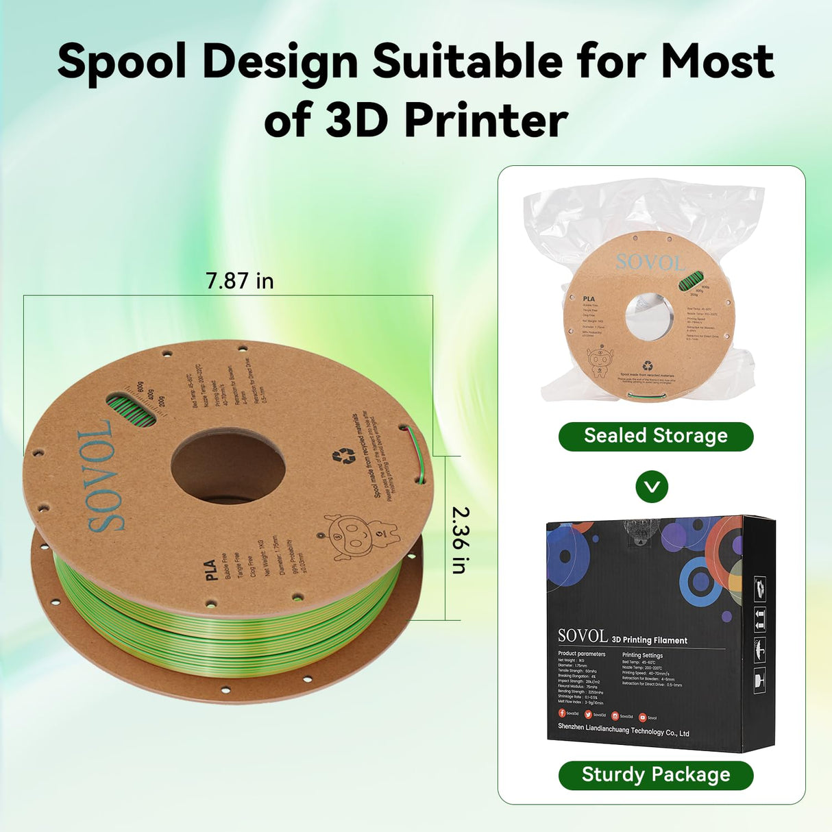 Sovol PLA Filament Silk Tri Color Co-Extrusion 1.75mm, 3D Printer Filament 1kg/ 2.2lbs, Shiny Silk Gold Green Rose Red 3 in 1 Coextrusion PLA Material +/-0.03mm Sovol