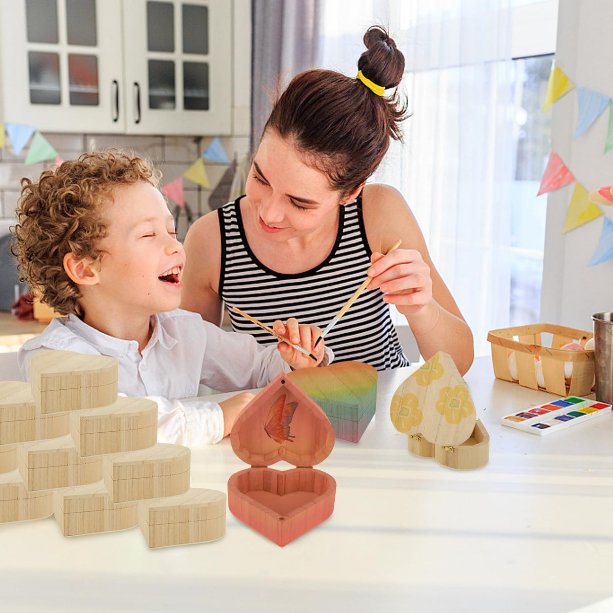 ACXFOND 12PCS Unfinished Unpainted Wooden Box with 20PCS Art Brushes, Unfinished Wooden Heart Box with Hinged Lid Wood Craft Box Organizer for Jewelry Box Gift Box Artist Tool ACXFOND