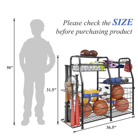 LUMAMU Garage Organizer - Sports Equipment Organizer Rack, Ball Storage Rack, Garage Organizer System for Sports Gear and Toys, Indoor/Outdoor Ball and Toy Storage, Black LUMAMU