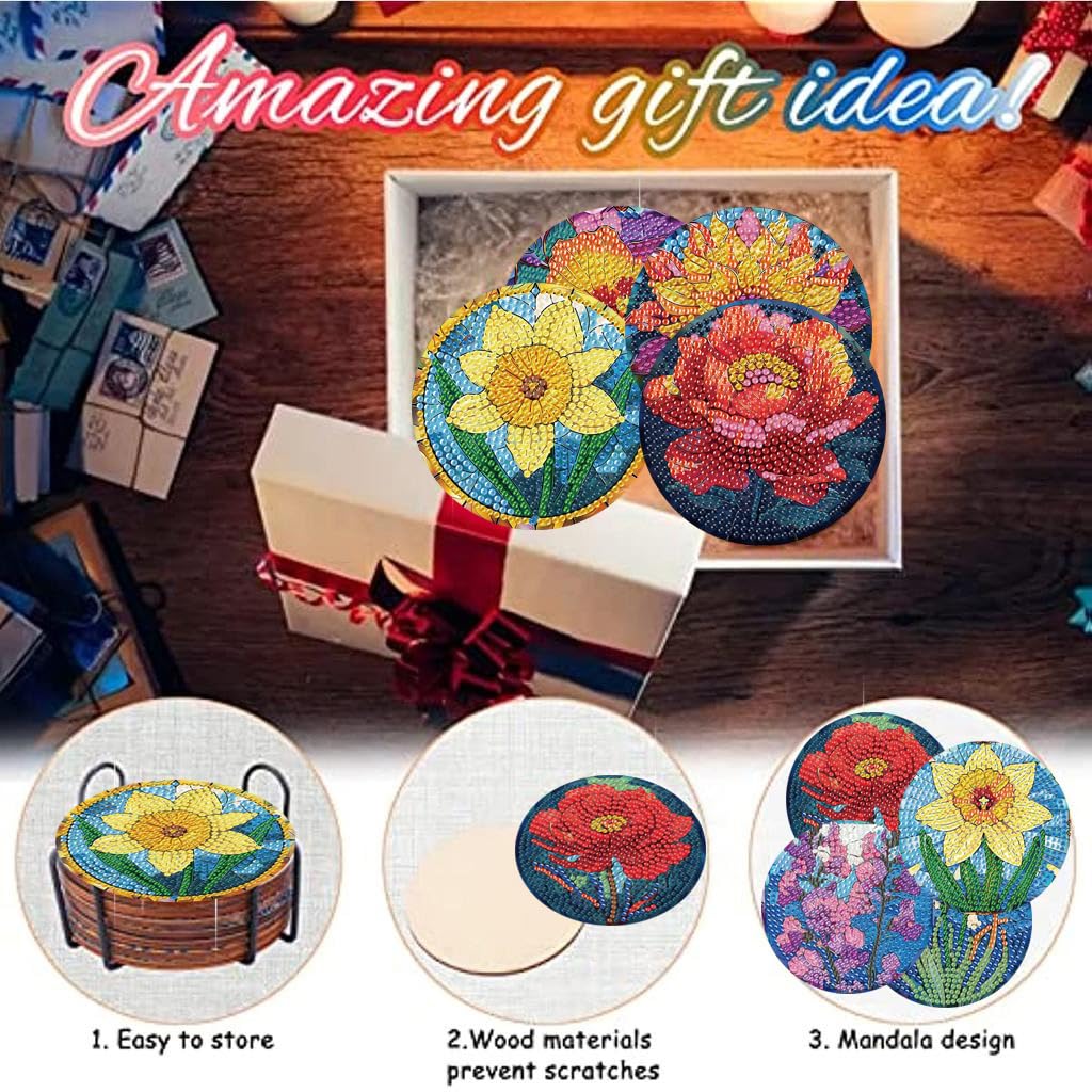 Zythron 8 PCS Diamond Art Coasters,Flowers Diamond Painting Coasters Kits Flower DIY with Holder DIY for Beginners, Adults, Diamond Art Kits for Adults Diamonds Art Crafts Supplies 4x4 in Zythron