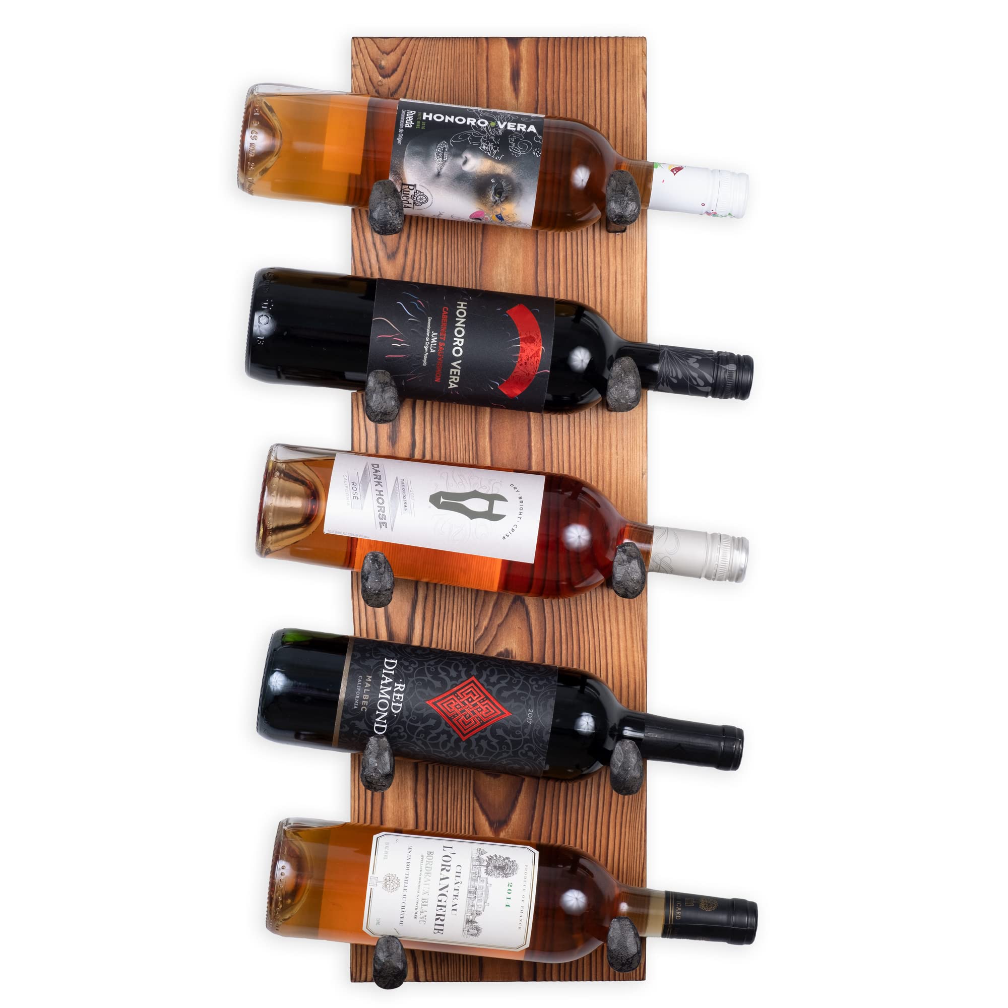 Rustic State Alicante Wall Mounted Reclaimed Wood Vertical Wine Rack Holder Shelf Organizer with Railroad Spike Cast Iron Hooks for 5 Bottles