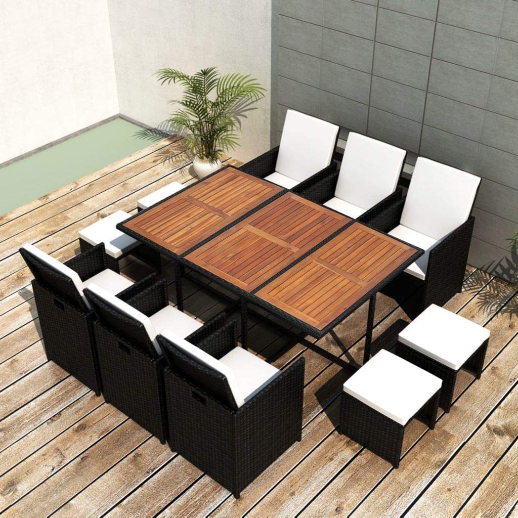 FAMIROSA 11 Piece Outdoor Dining Set Poly Rattan and Acacia Wood Black FAMIROSA