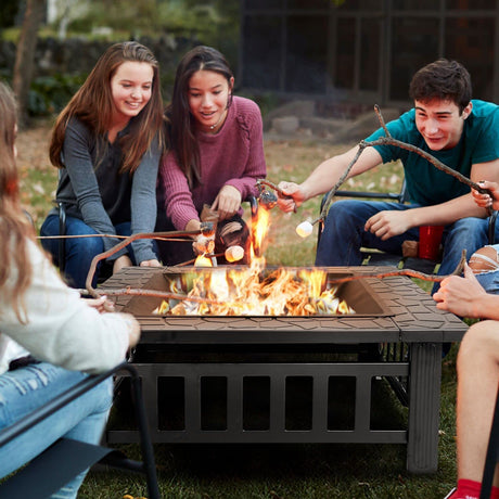 ZENY 32in Outdoor Fire Pits Outside Wood Burning Firepit Square Metal Fireplace Table Fire Bowl with Grill,Screen and Poker for Camping Bonfire Backyard BBQ ZENY