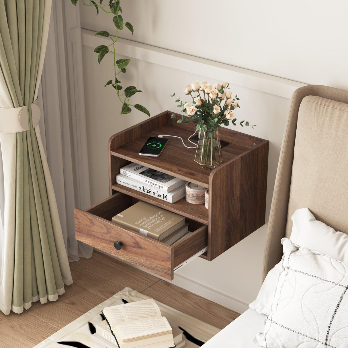 Brown Floating Nightstand Set of 2 with Charging Station and Drawer Small Bedside End Table with Outlet Modern Floating Night Stand for Bedroom Wood Wall Mounted Nightstands Set 2 Brown Walnut HOSEOKA