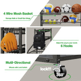 CaMecequter Garage Sports Equipment Organizer with 4 Baskets & 6 Hooks - Heavy Duty Freestanding Ball Storage for Basketball, Soccer & Outdoor Toys (Black) CaMecequter