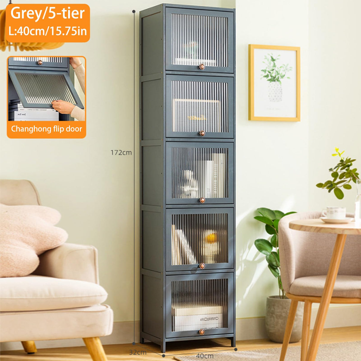 MCBAOB Bookcase with Clear Doors, 5-Tier Tall Bookshelf with Storage Cabinet, Bamboo Book Shelf and 5 Cube Organizer Book case for Living Room, Freestanding Storage Cabinet (5-Tier Grey) MCBAOB