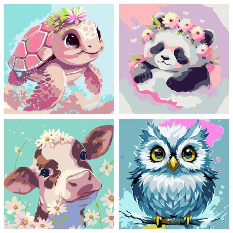 FQOVKYN 4 Pack Paint by Number for Kids, Cute Animals Paint by Numbers Kit for Adults Beginner, Easy Acrylic Watercolor Paint by Numbers Canvas Arts and Crafts for Wall Decor (8 * 8in) FQOVKYN