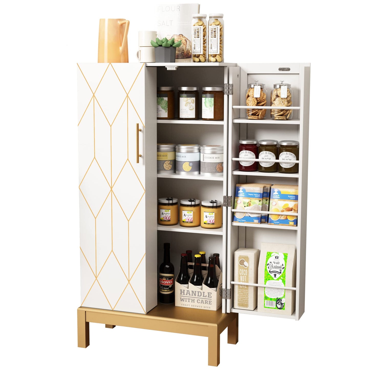 HOLTICO 45'' Storage Cabinet with Doors and Adjustable Shelves,Food Pantry Cabinet for Kitchen,Dining Room,Living Room and Garage,Gold Lines and Legs, White. - WoodArtSupply