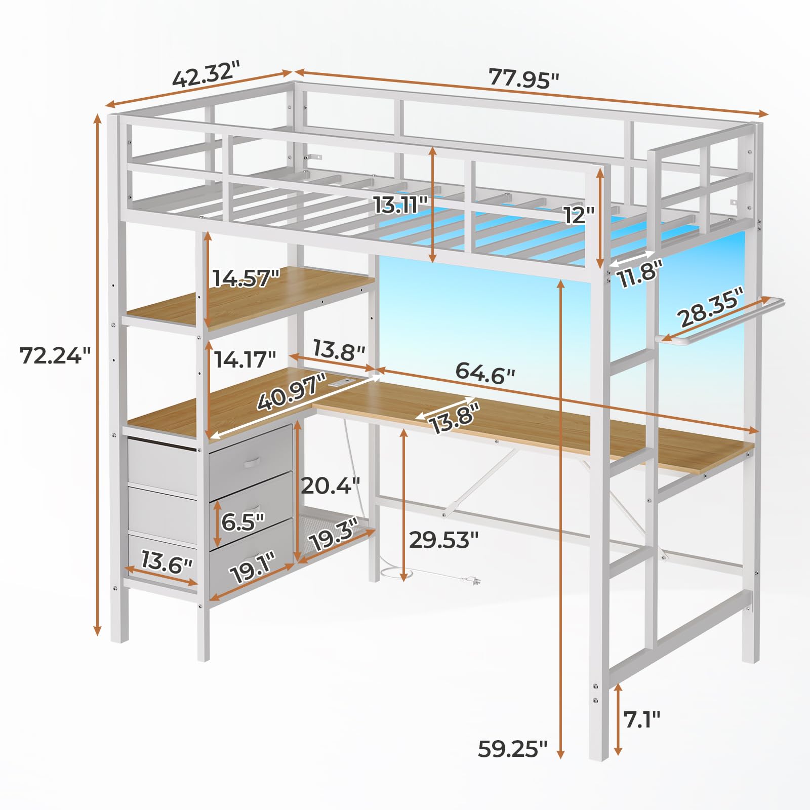 DICTAC Twin Loft Bed with L-Shaped Desk, LED Lights & Charging Station – Space-Saving Metal Frame with Storage Shelves & Drawers in White - WoodArtSupply