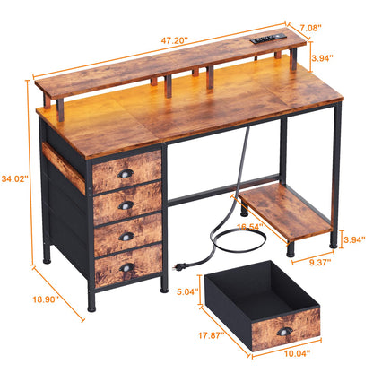 Furologee Desk with Power Outlets and LED Lights, 47in Gaming Computer Desk with 4 Fabric Drawers, Home Office Desk with Full Monitor Stand and Shelf, Study Writing Desk Bedroom, Rustic Brown - WoodArtSupply